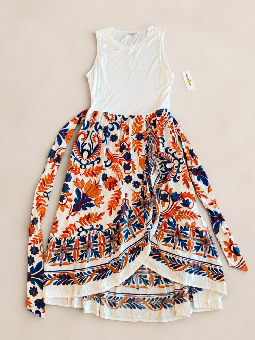 Boho Floral High Low Maxi Sleeveless Dress Tie Waist Tag XL Fits Medium NEW - Picture 2 of 11